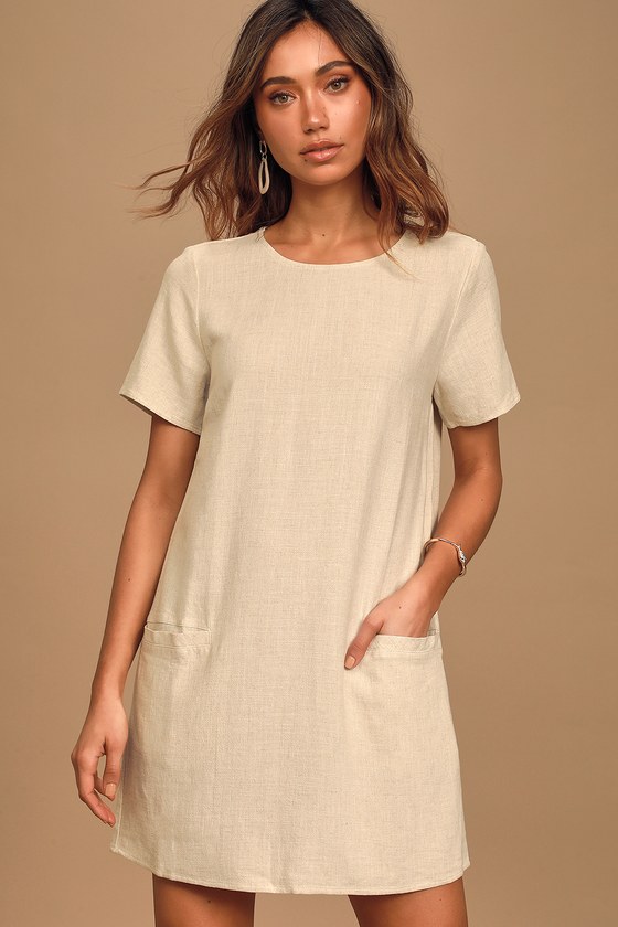 Cute Beige Dress - Short Sleeve Mini ...